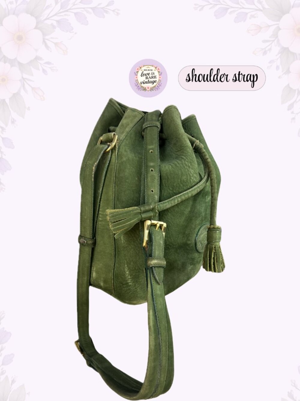 Vintage Dooney & Bourke Leather Bucket Bag • 1990s Green Suede Drawstring Purse - Picture 10 of 15